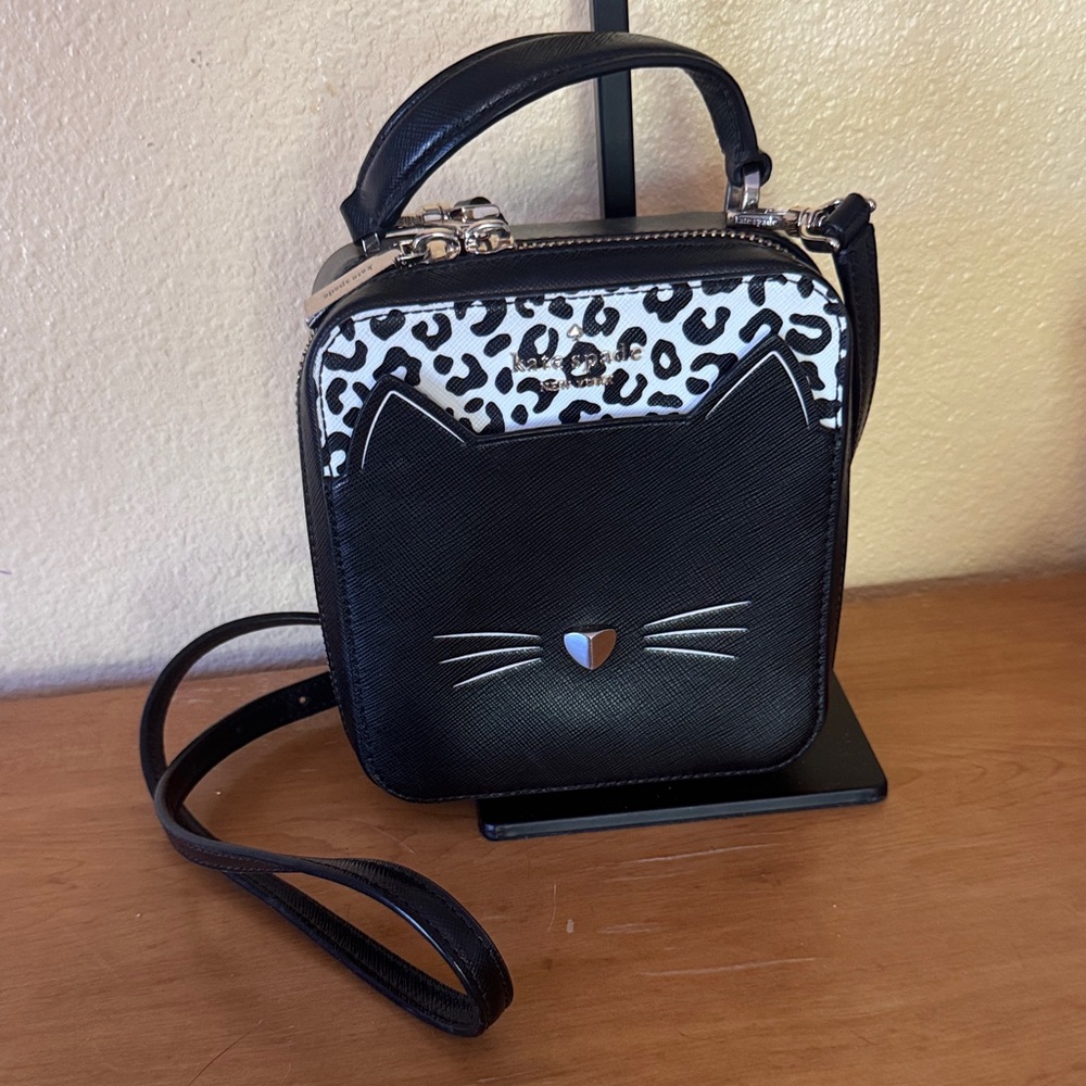 Kate Spade Meow Black Cat Crossbody with Leopard Print Accent